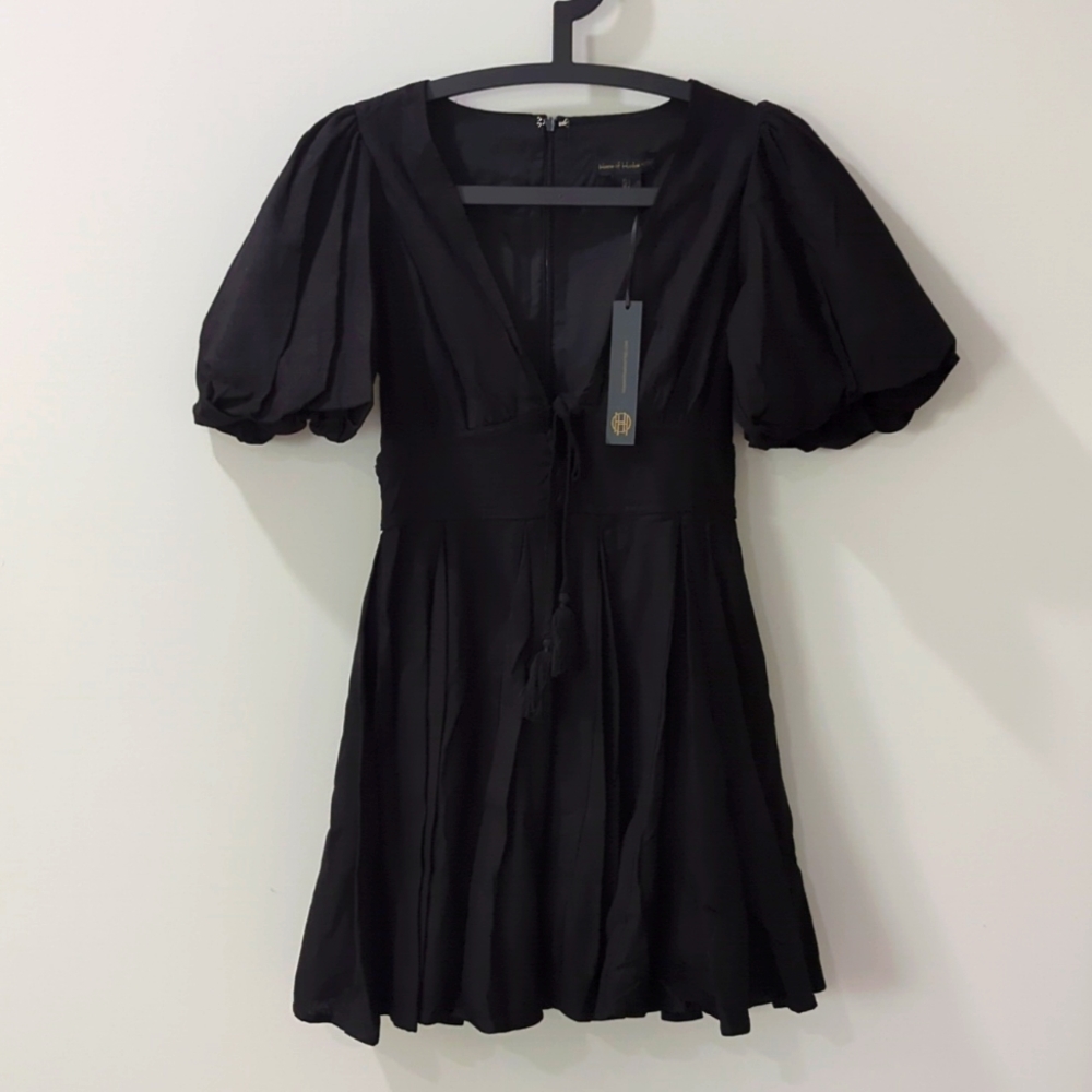 House of Harlow 1960 Black Puff Sleeve Linen Blend Dress NWT